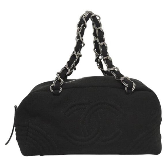 CHANEL COCO Mark Chain Hand Bag Cotton Black Silver CC Auth BD2146 - Picture 2 of 16